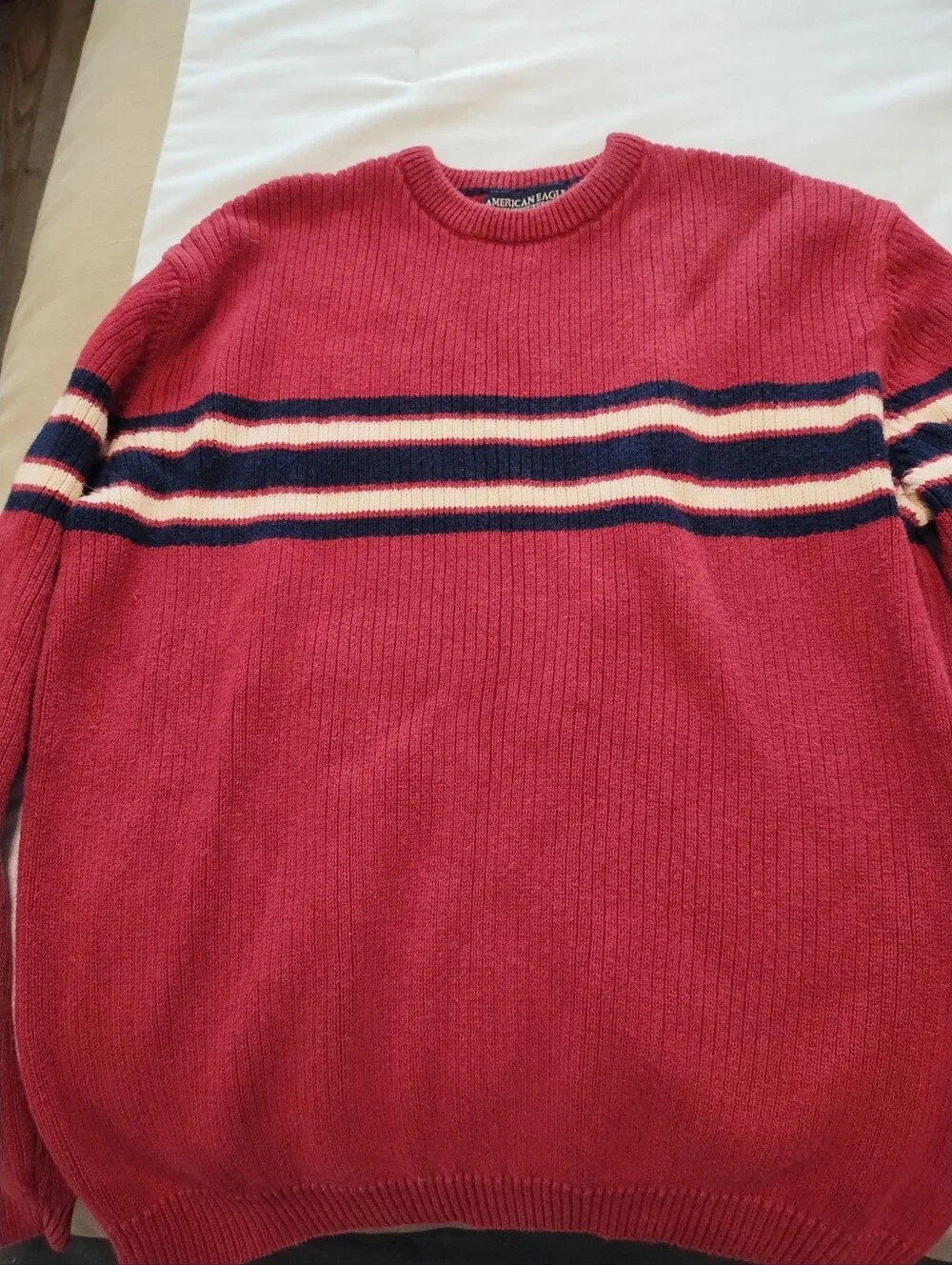 Vintage American Eagle Men's Red Striped Crewneck Sweater Size Medium